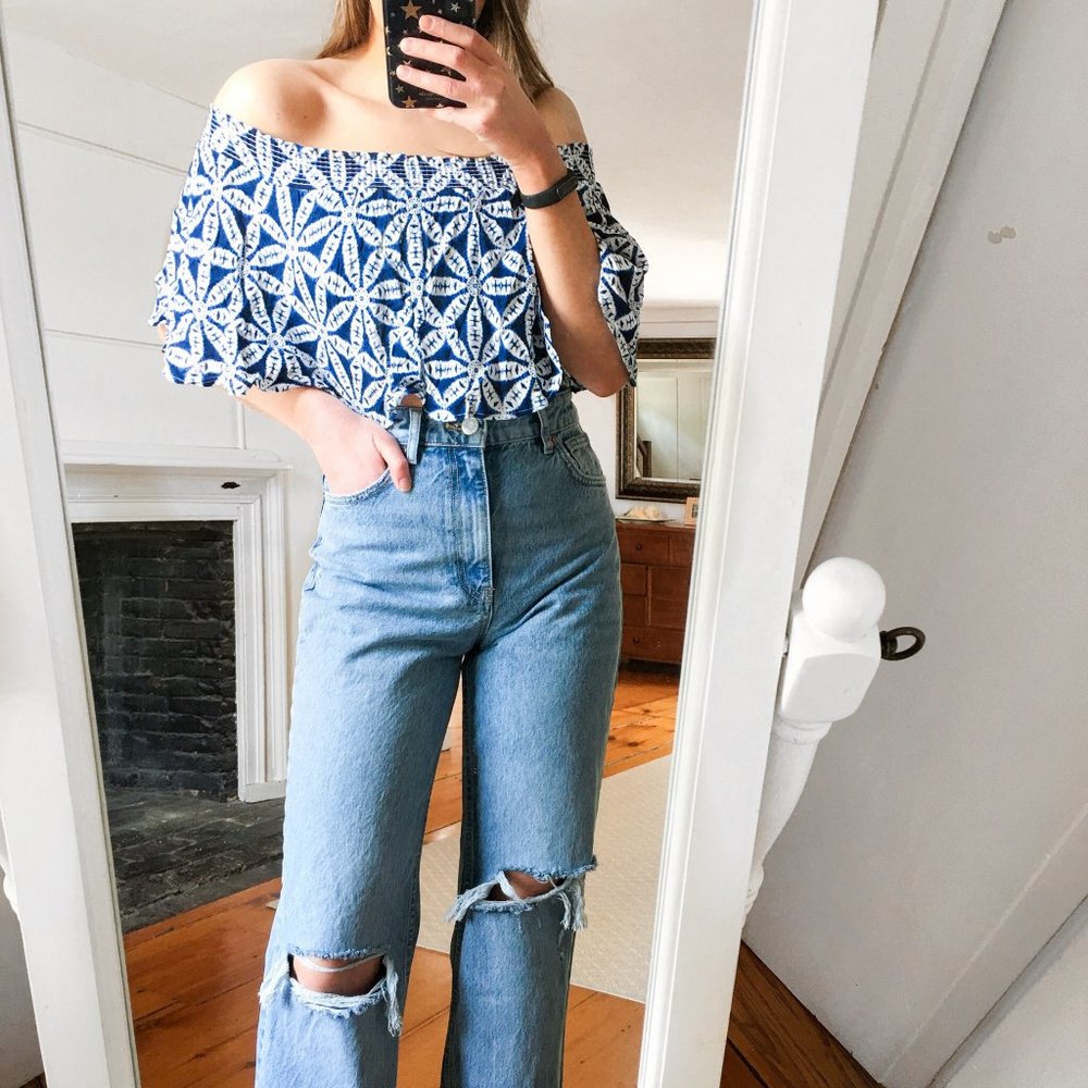 NWT Show Me Your Mumu Off Shoulder Sasha Swing Blue and White Tube Top